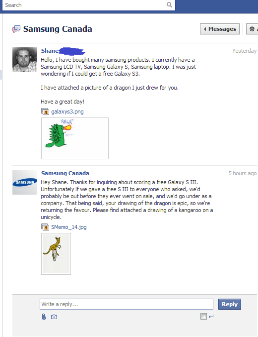 Samsung Canada Shane Bennett message exchange Samsung Canada Shane Bennett message exchange