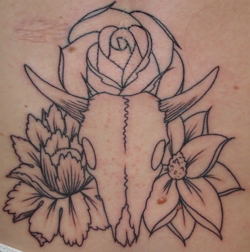 Flower Tattoo Design arround the head of buffalo in out line preview