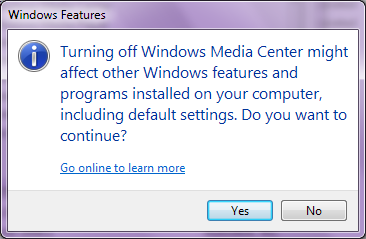Turn Windows features On or Off Confirmation