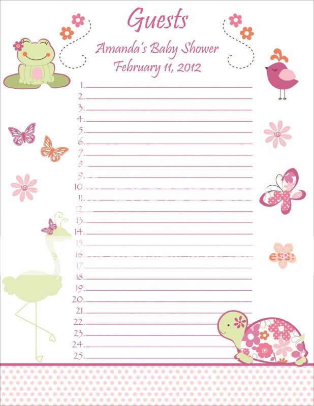   Once Upon a Pond Baby Shower Guest List   Frog, Turtle, bird  