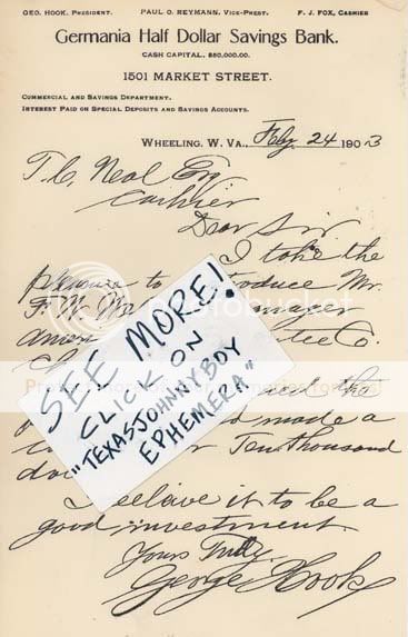 1903 GEORGE HOOK WHEELING WEST VIRGINIA GERMANIA H BANK  