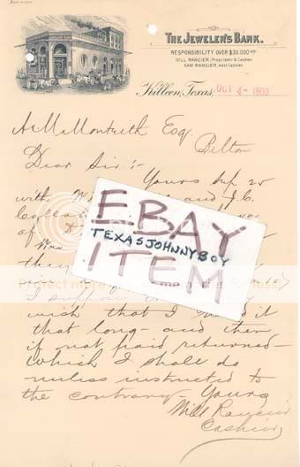 1900 KILLEEN TEXAS WILL SAM RANCIER JEWELERS BANK LTR  