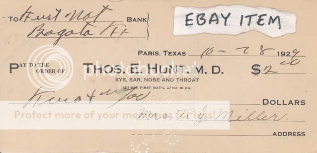 1929 PARIS TEXAS THOMAS HUNT MEDICAL DOCTOR RJ MILLER  