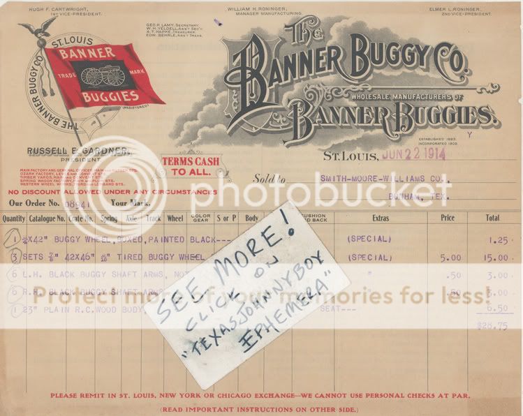 1914 BILLHEAD BANNER BUGGY ST LOUIS MISSOURI R GARDNER  