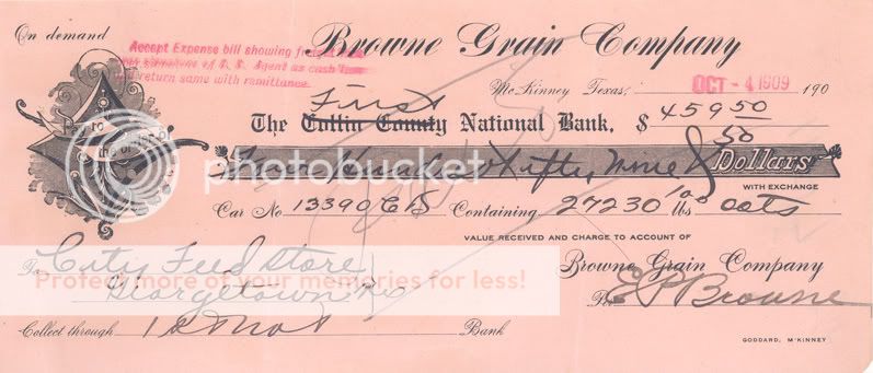 1909 McKINNEY TEXAS EP BROWNE GRAIN NATIONAL BANK CHECK  
