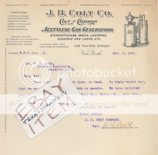 1901 J B COLT ACETYLENE GAS GENERATOR GOODYEAR FISKE  