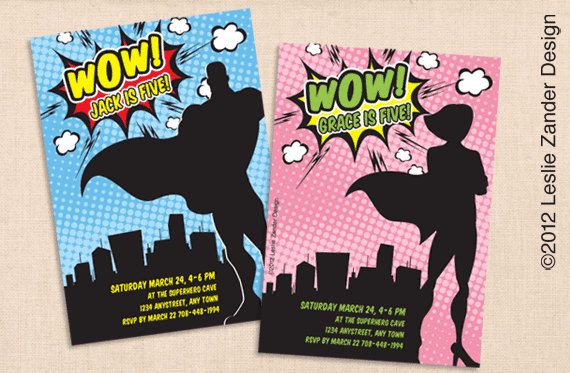 Personalized superhero party invitations | Leslie Zander Design