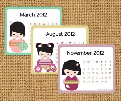 Kokeshi dolls mini printable calendar