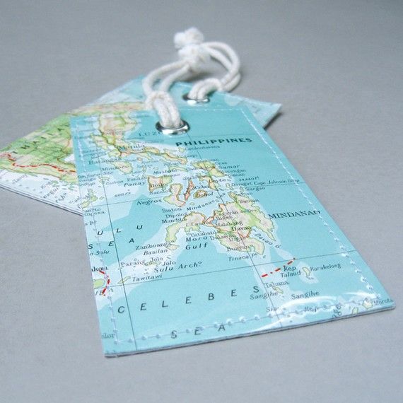 Upcycled map luggage tags