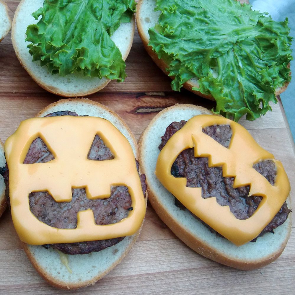 Halloween Cheeseburgers made with Halloween Cookie Cutters at Instructables