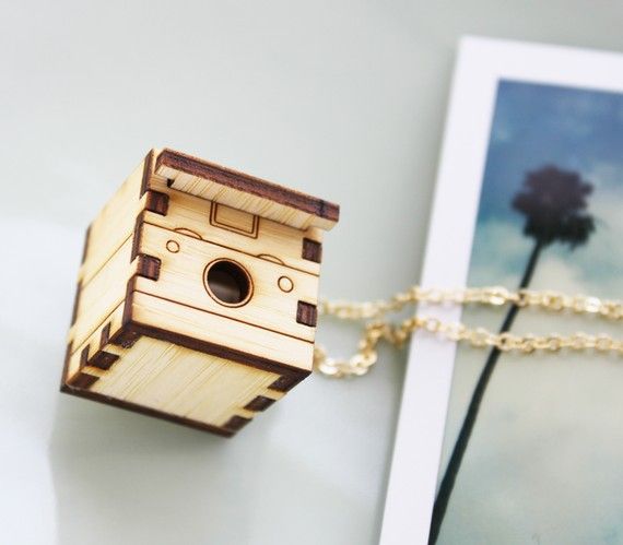 Wooden Polaroid camera locket necklace