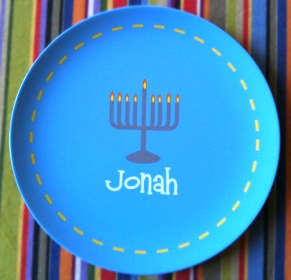 Personalized Hanukkah plate - Jonah, blue melamine